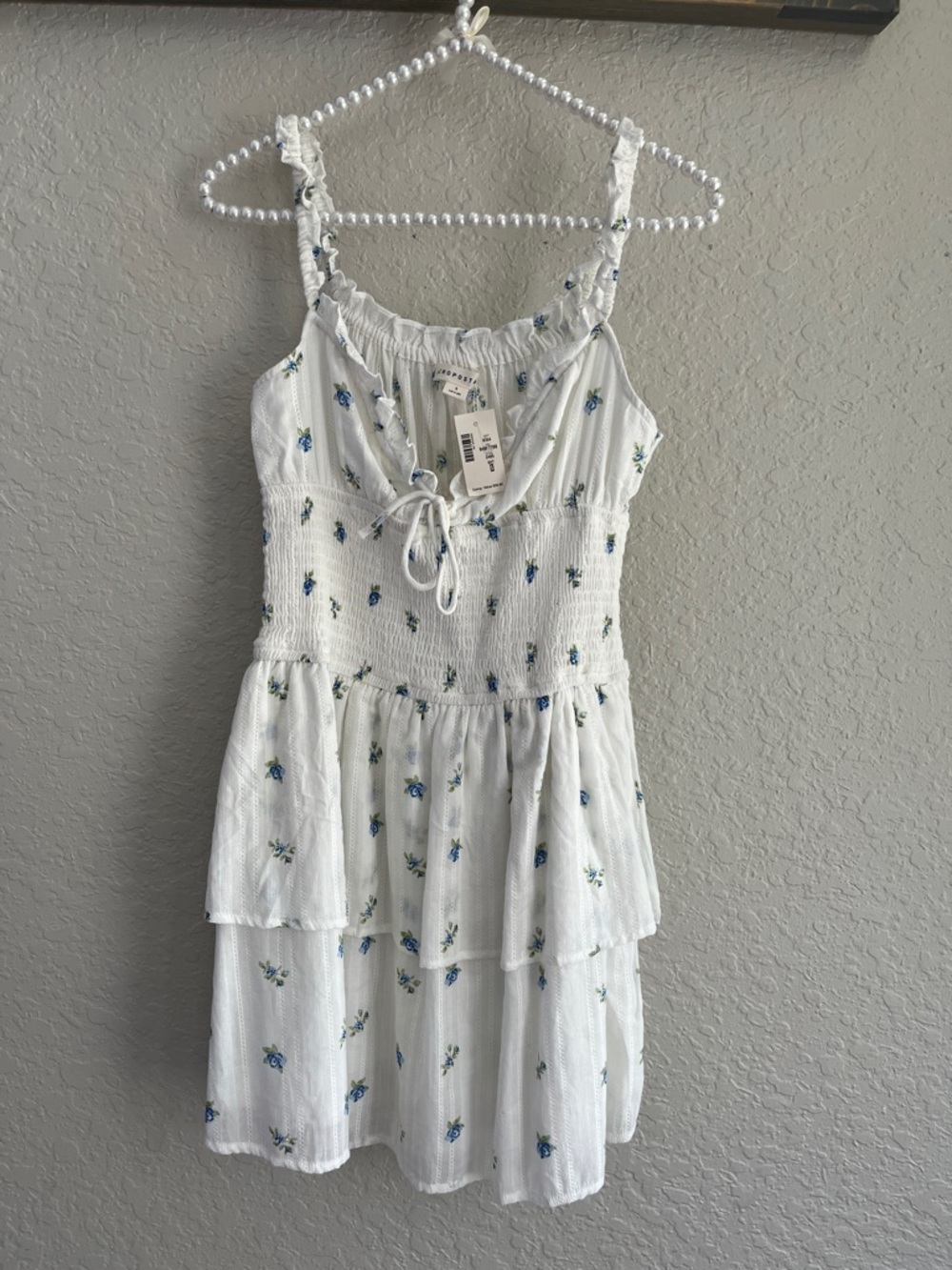 Aeropostale White Strapless Floral Tiered Dress with Blue Flowers